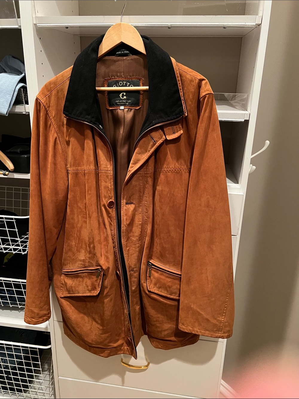 Men's Suede Jacket in Burnt Orange with Black Collar Giotto leather factory